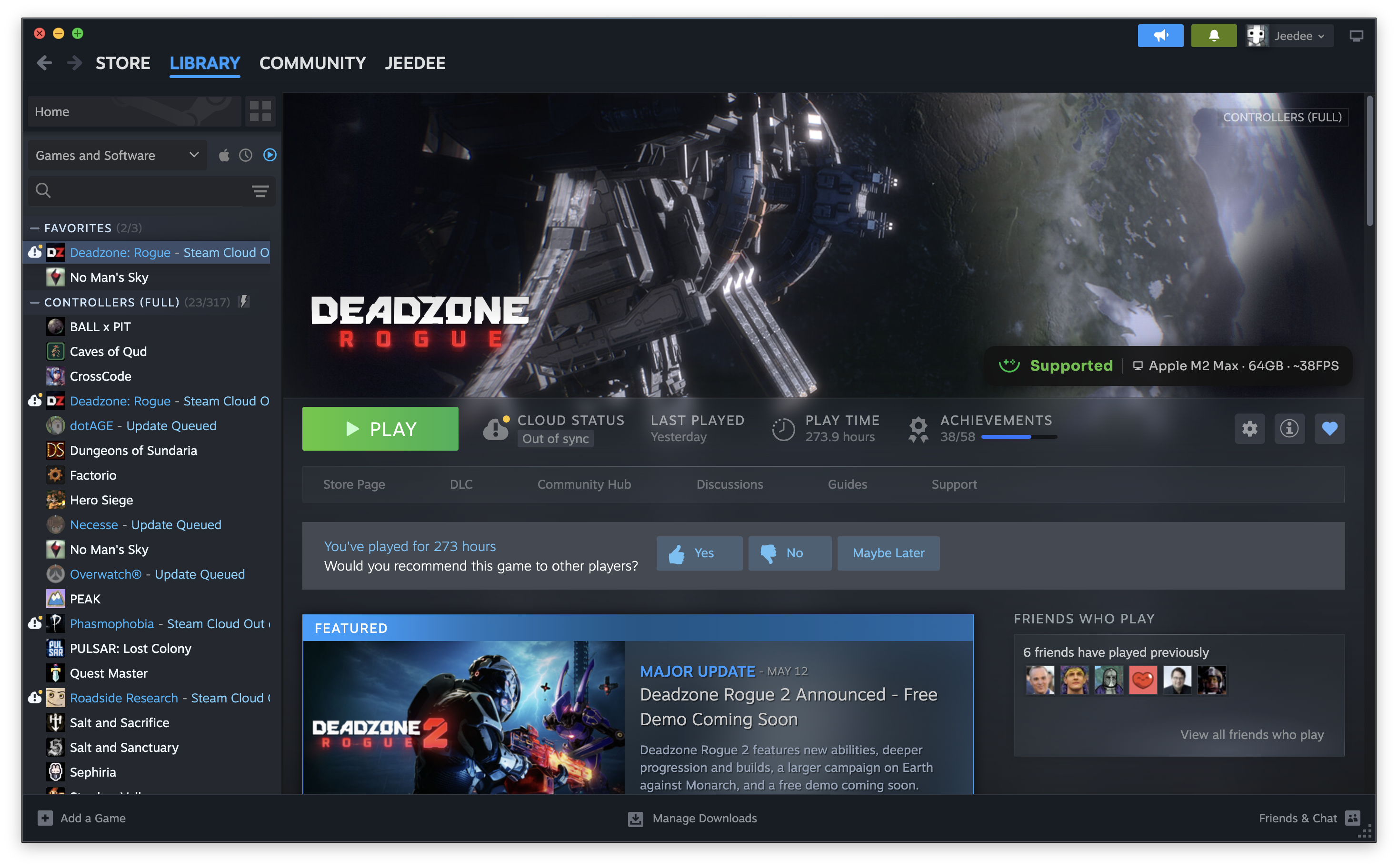 A Windows-only Steam game running inside Steam for Mac, shown with a green Nucleus 'Supported' badge